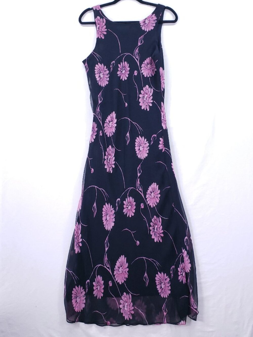 Vintage Lisa Jo Maxi Dress Women Size 13/14 Black Pink Flowers Sundress Y2K Mesh